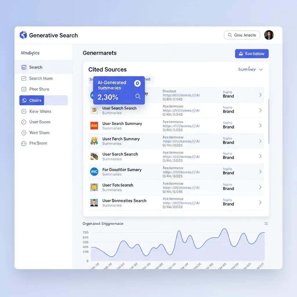 SEO dashboard displaying search queries and cited pages